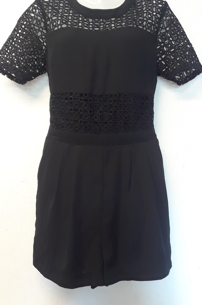 $99 Neiman Marcus Black Lace Romper/ side pockets
